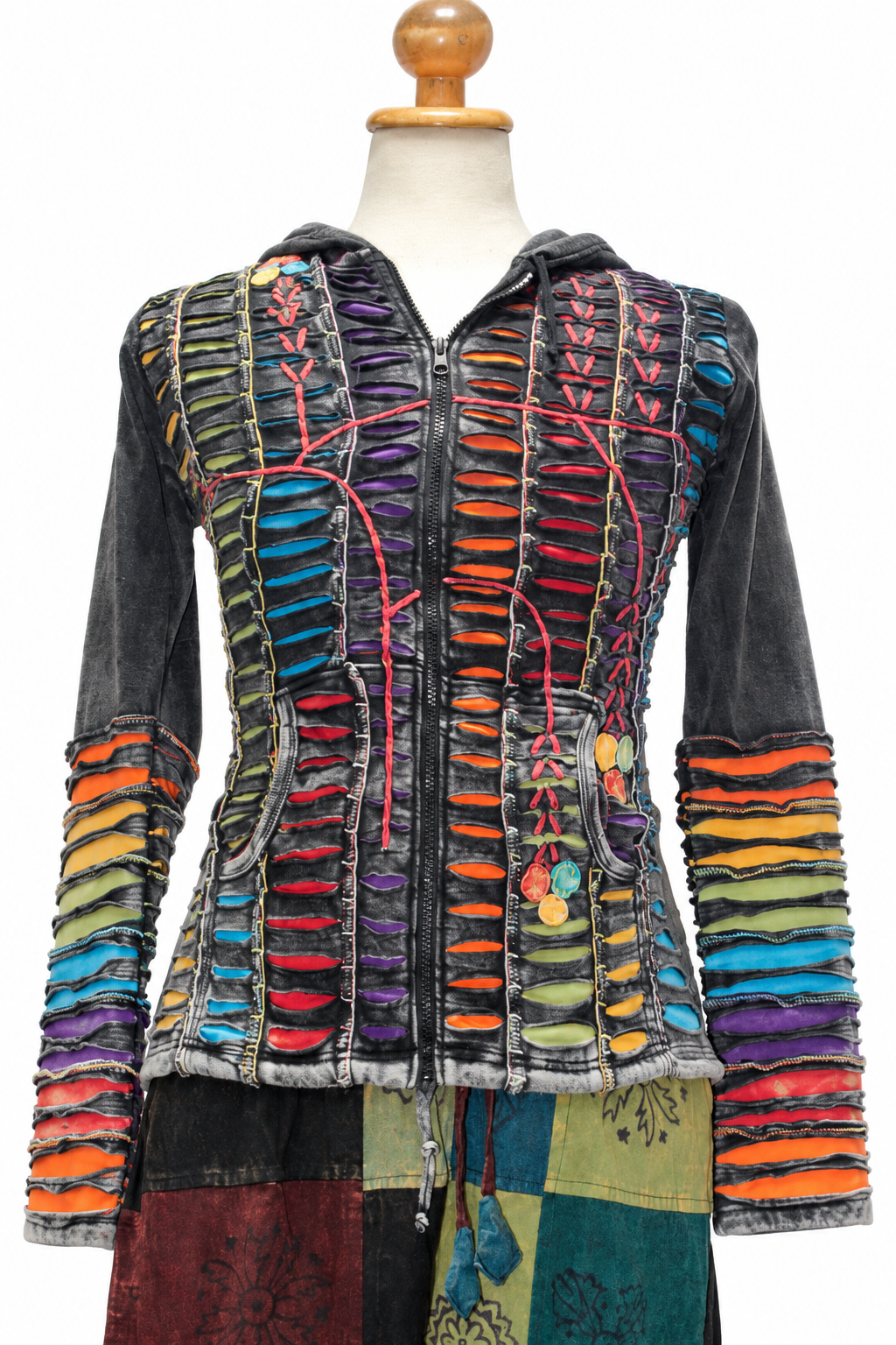 Black Hooded Jacket - Rainbow Slash Details, original mannequin on white