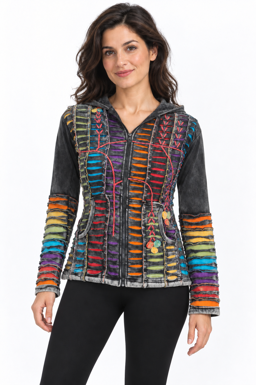 Black Hooded Jacket - Rainbow Slash Details, model front with fitted black trousers