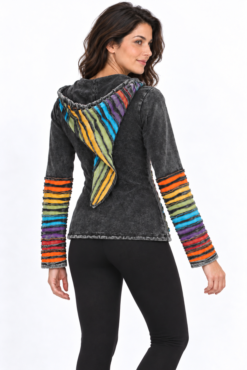 Black Hooded Jacket - Rainbow Slash Details, model three-quarter back with fitted black trousers