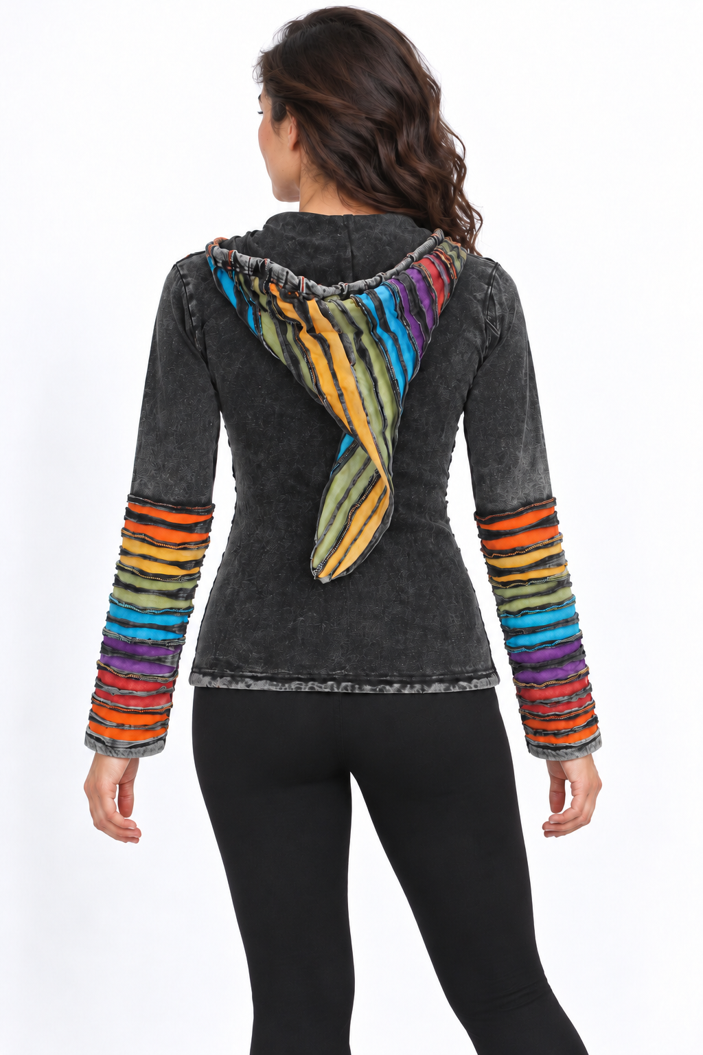 Black Hooded Jacket - Rainbow Slash Details, model back with fitted black trousers