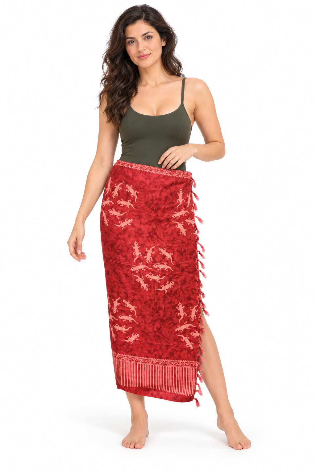 Red Cream Lizard Circles Sarong — waist wrap model view
