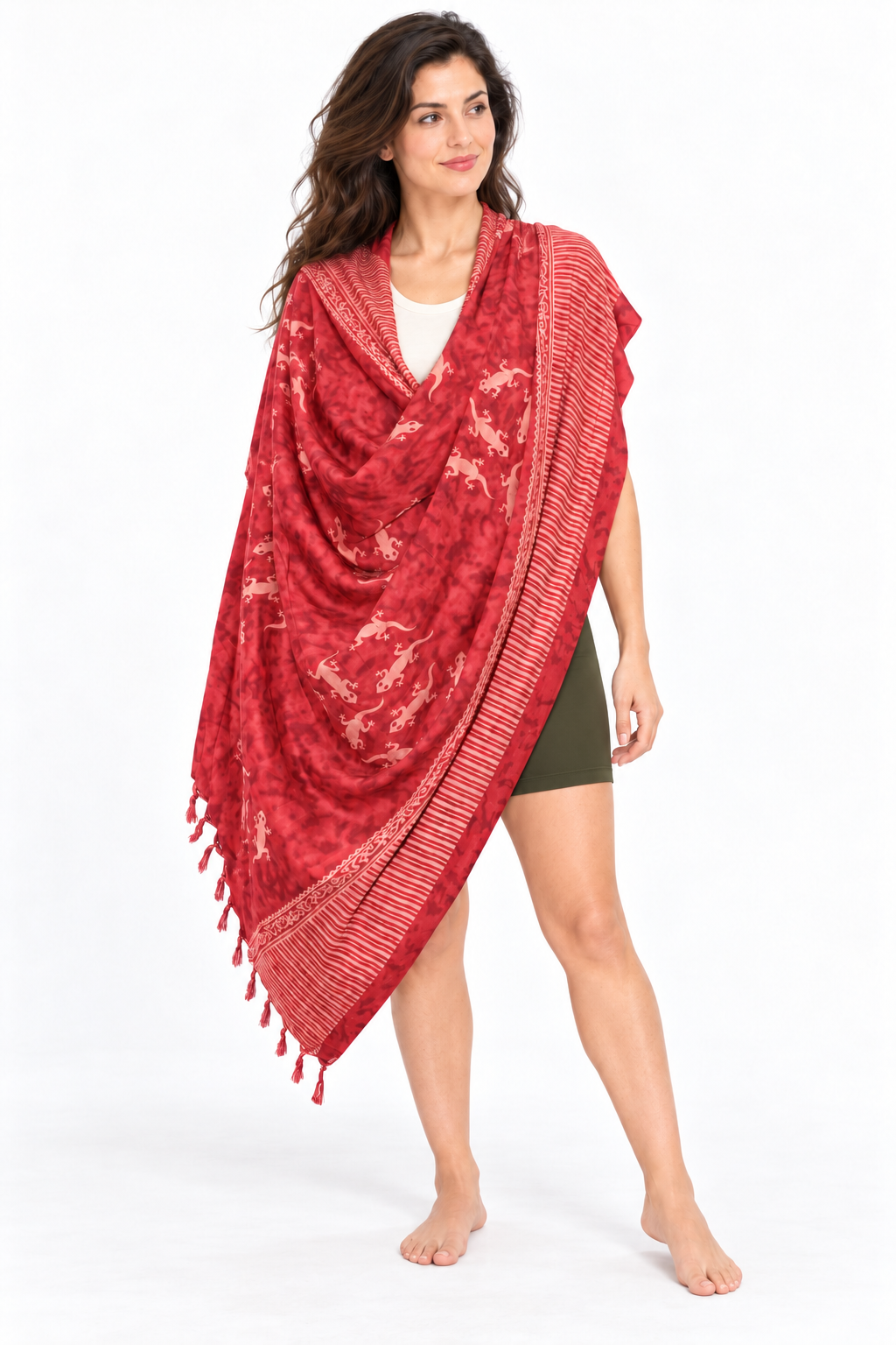 Red Cream Lizard Circles Sarong — shoulder wrap model view