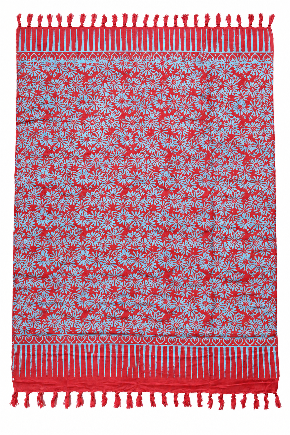 Red Pale Blue Floral Sarong — full opened product with fringed ends