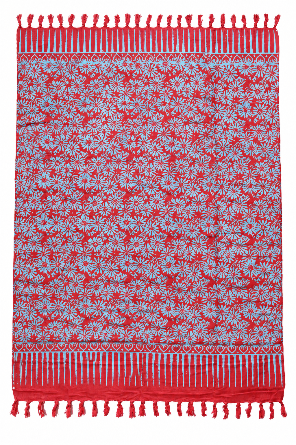 Red Pale Blue Floral Sarong — full opened product with fringed ends