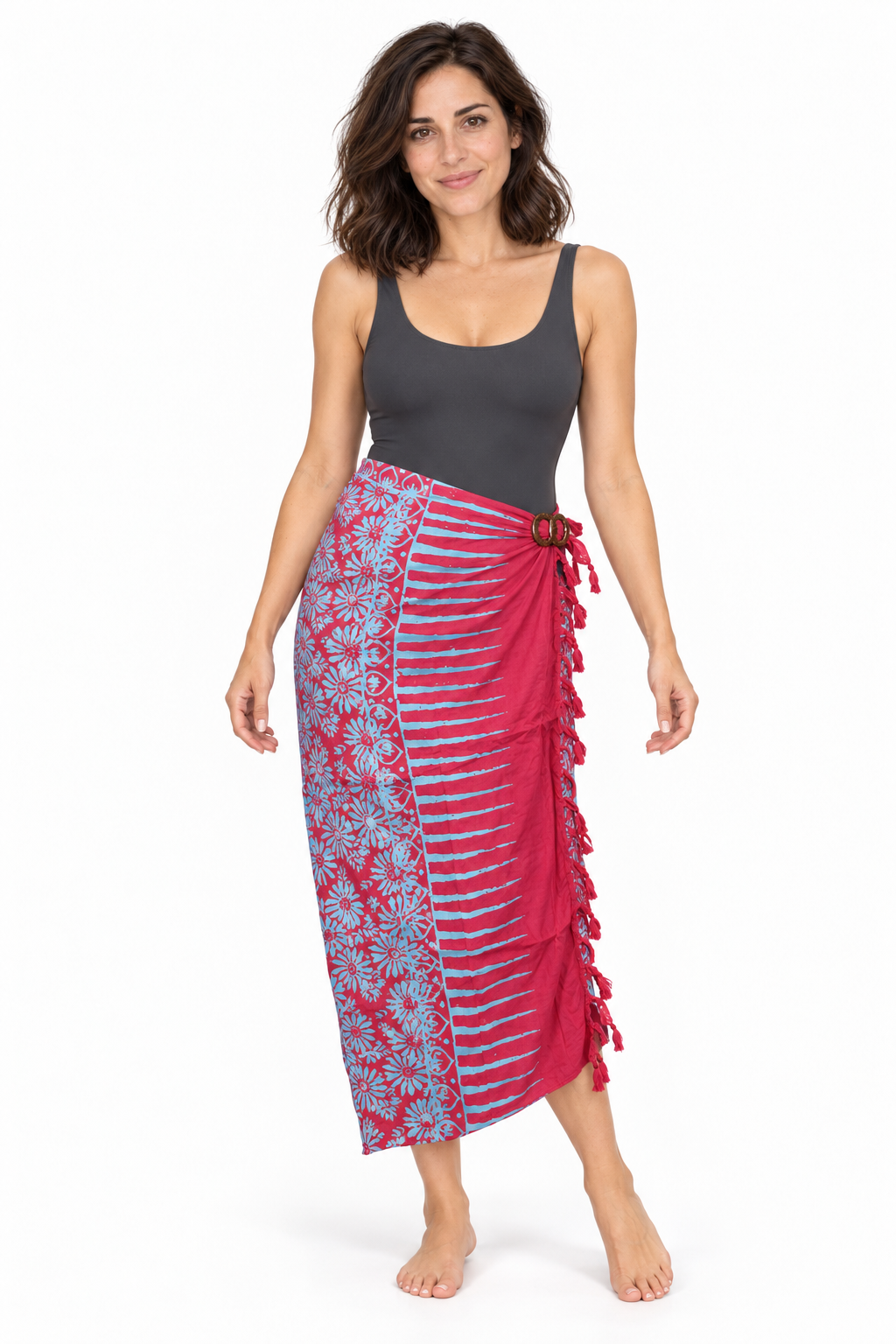 Red Pale Blue Floral Sarong — long beach wrap with oval two-hole coconut buckle