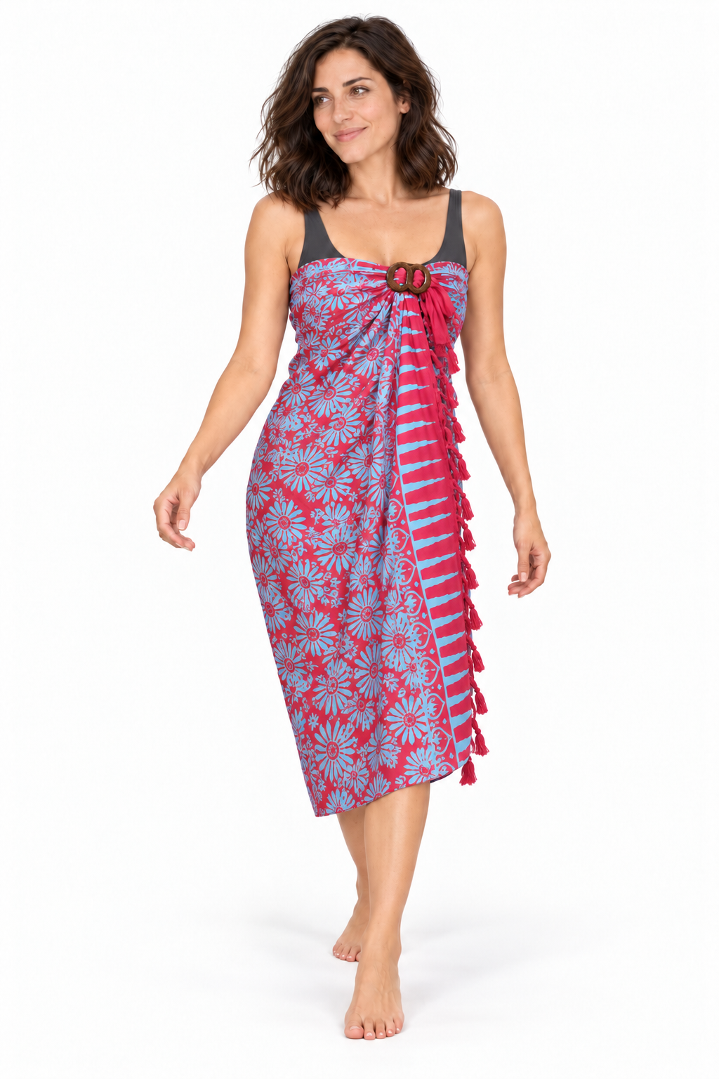 Red Pale Blue Floral Sarong — dress wrap over swimsuit with coconut buckle