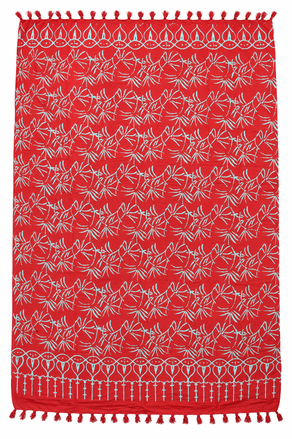 Red Pale Blue Leaf Sarong — full opened product with fringed ends