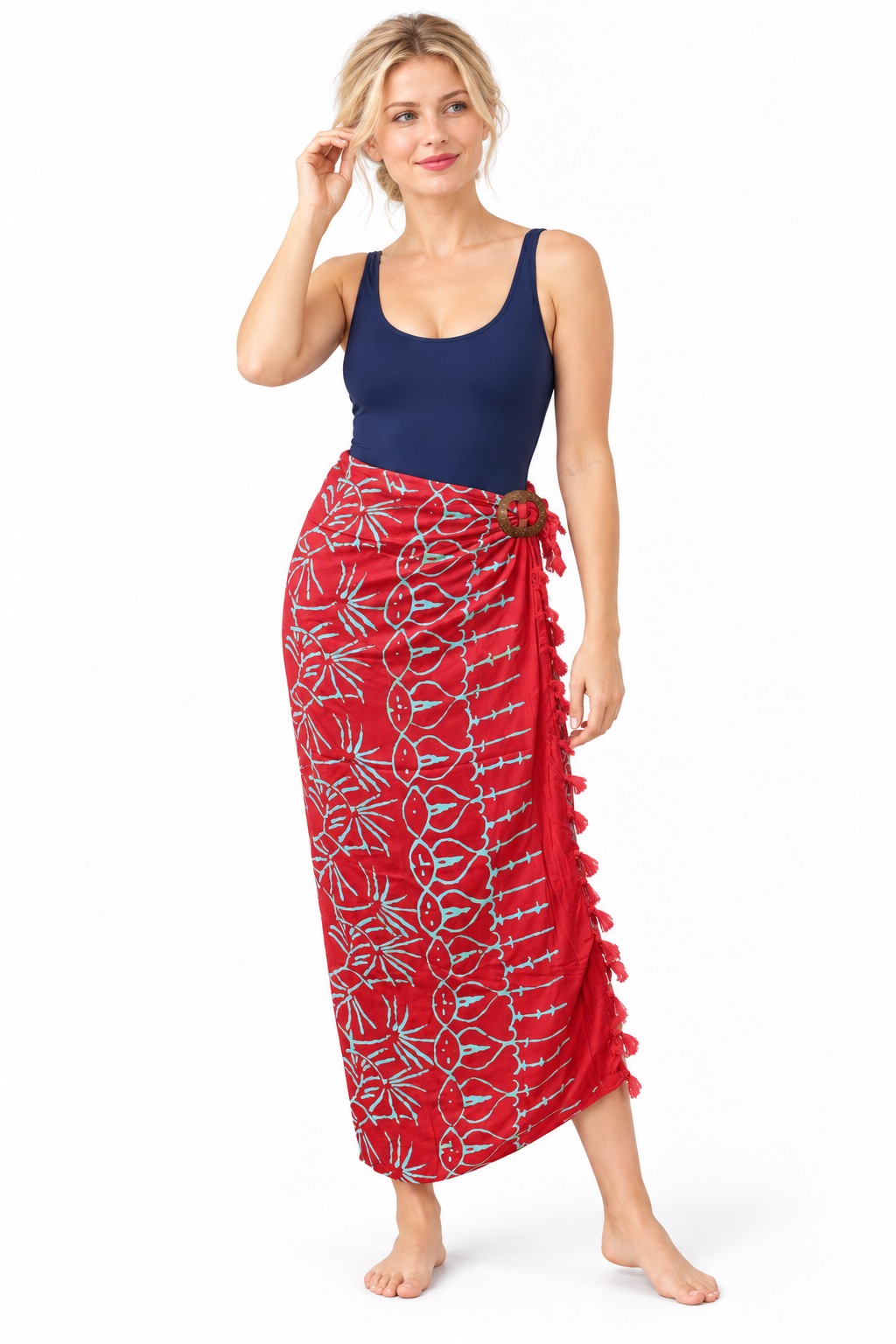 Red Pale Blue Leaf Sarong — long beach wrap with oval two-hole coconut buckle