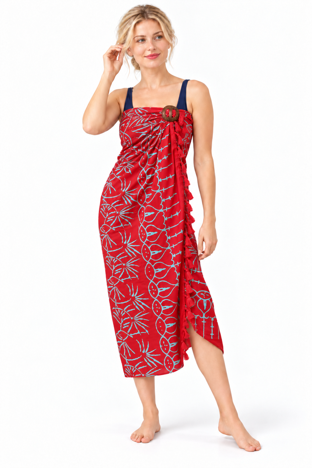 Red Pale Blue Leaf Sarong — dress wrap over swimsuit with coconut buckle
