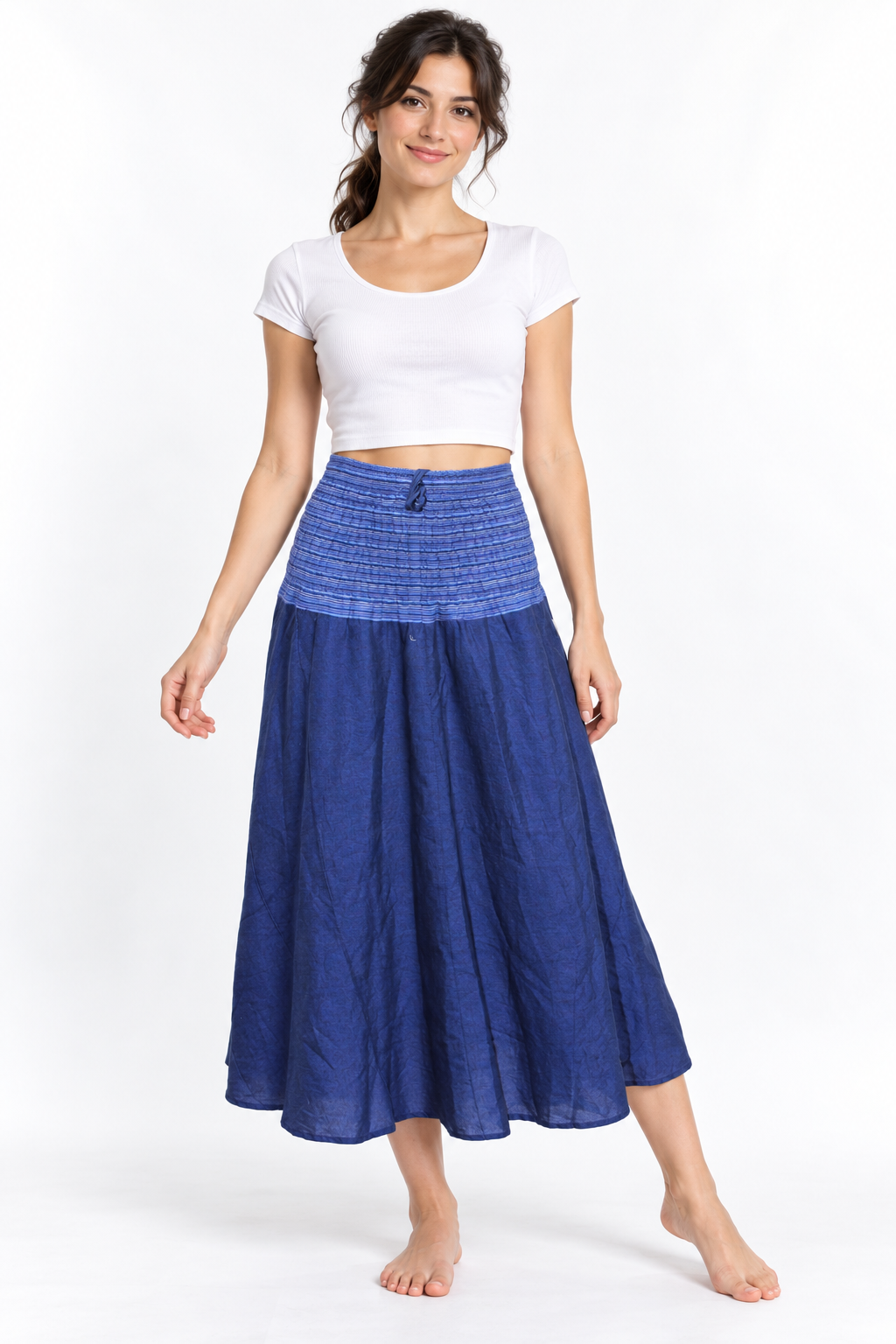 Blue Smocked Waist Long Skirt — front model view