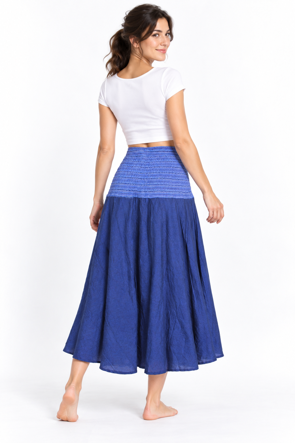 Blue Smocked Waist Long Skirt — three-quarter back model view