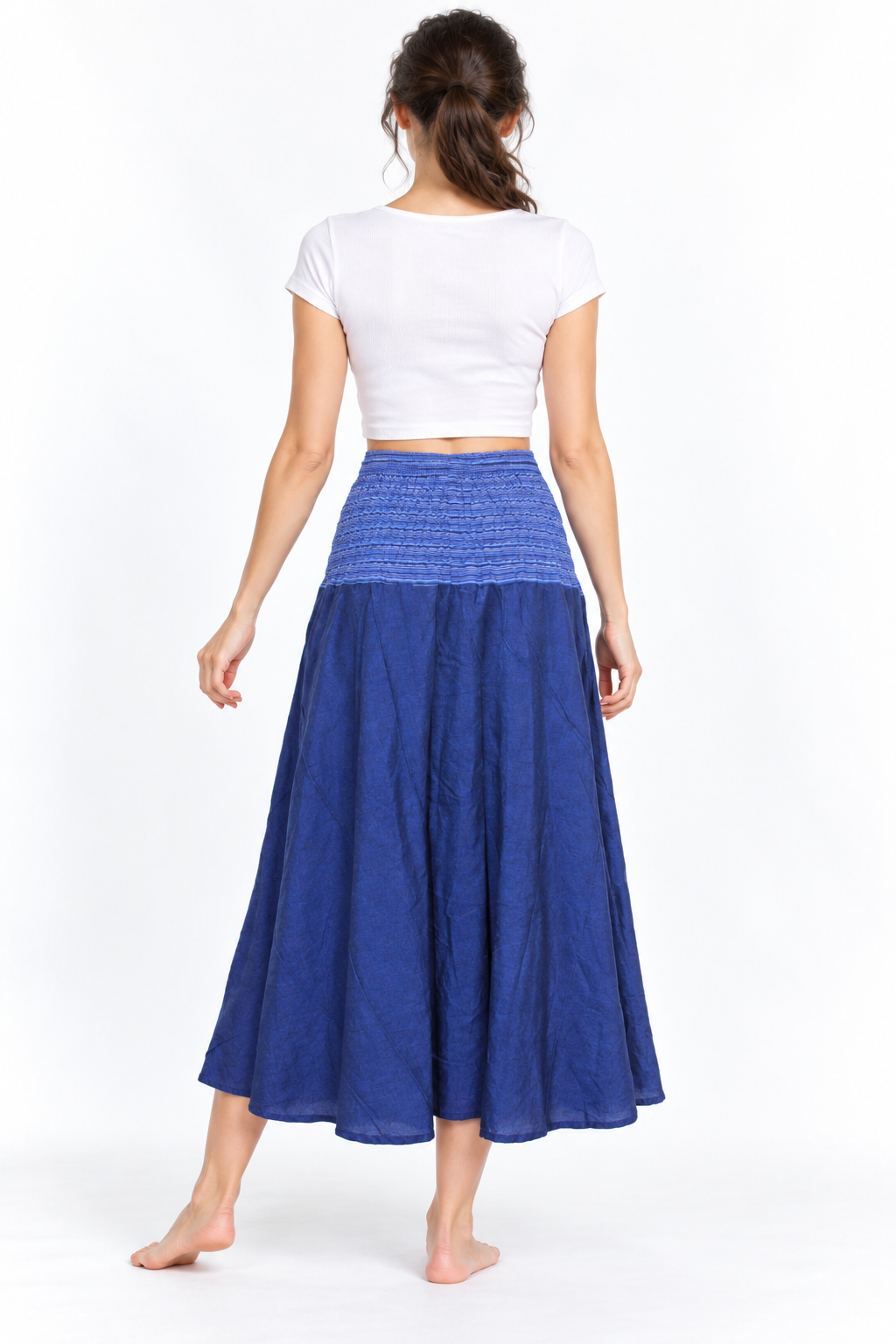 Blue Smocked Waist Long Skirt — back model view