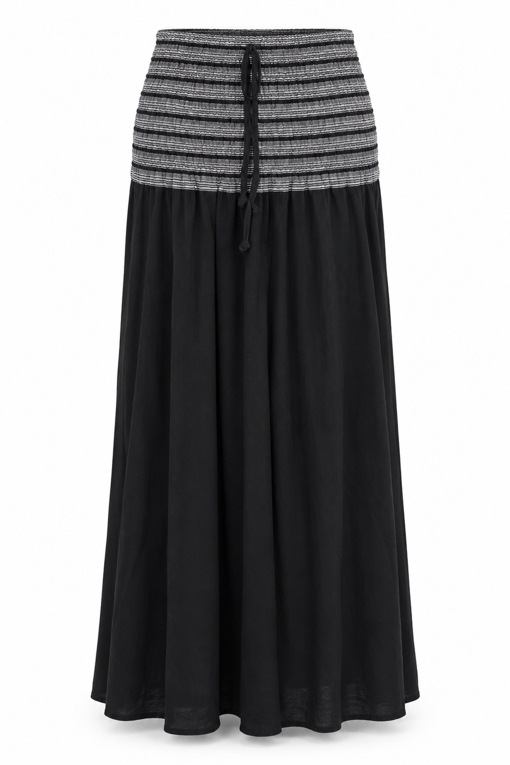 Black Grey Smocked Waist Long Skirt — front garment view