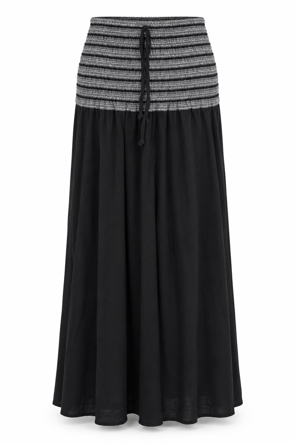 Black Grey Smocked Waist Long Skirt — front garment view