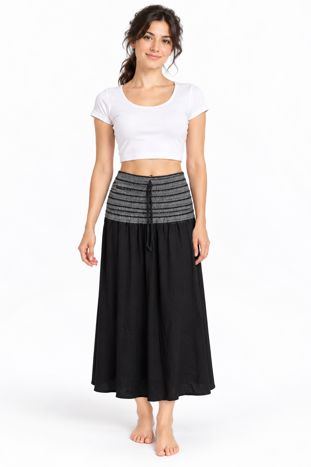 Black Grey Smocked Waist Long Skirt — front model view