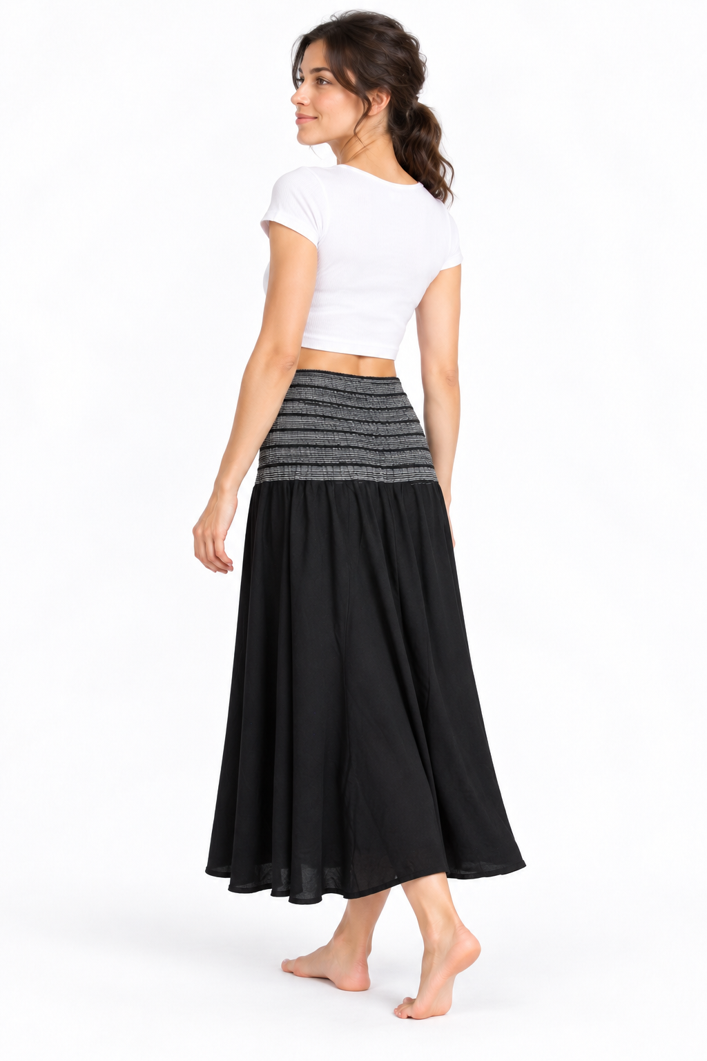 Black Grey Smocked Waist Long Skirt — three-quarter back model view