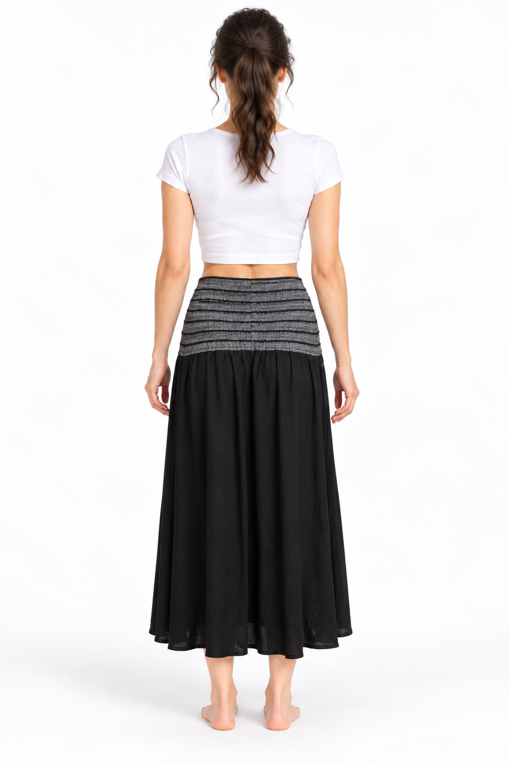 Black Grey Smocked Waist Long Skirt — back model view