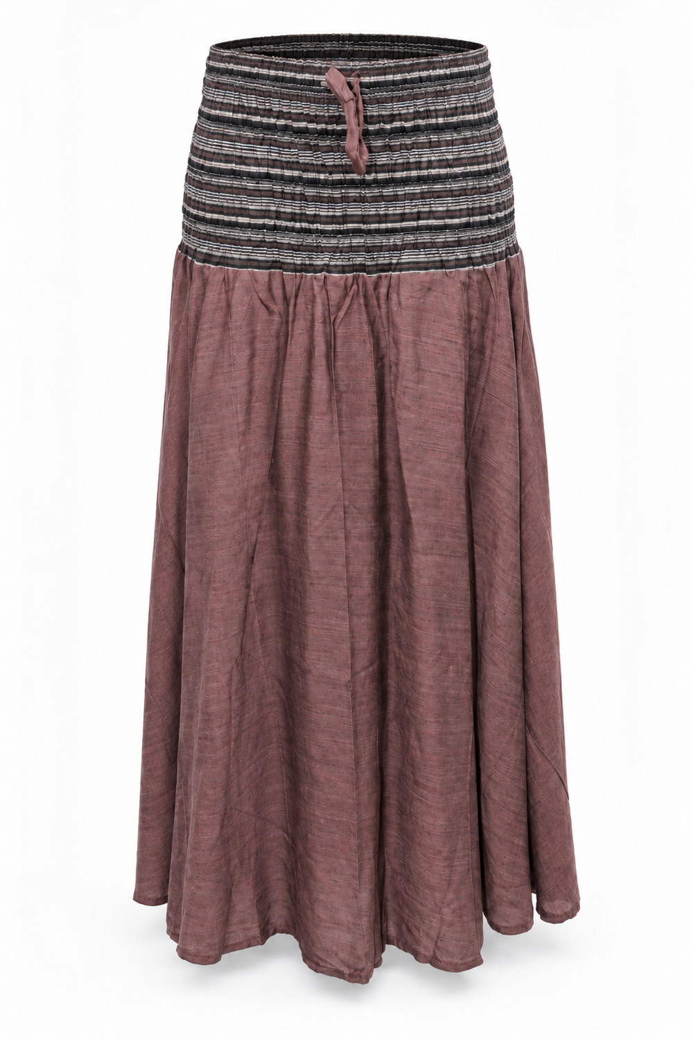 Brown Grey Smocked Waist Long Skirt — front garment view