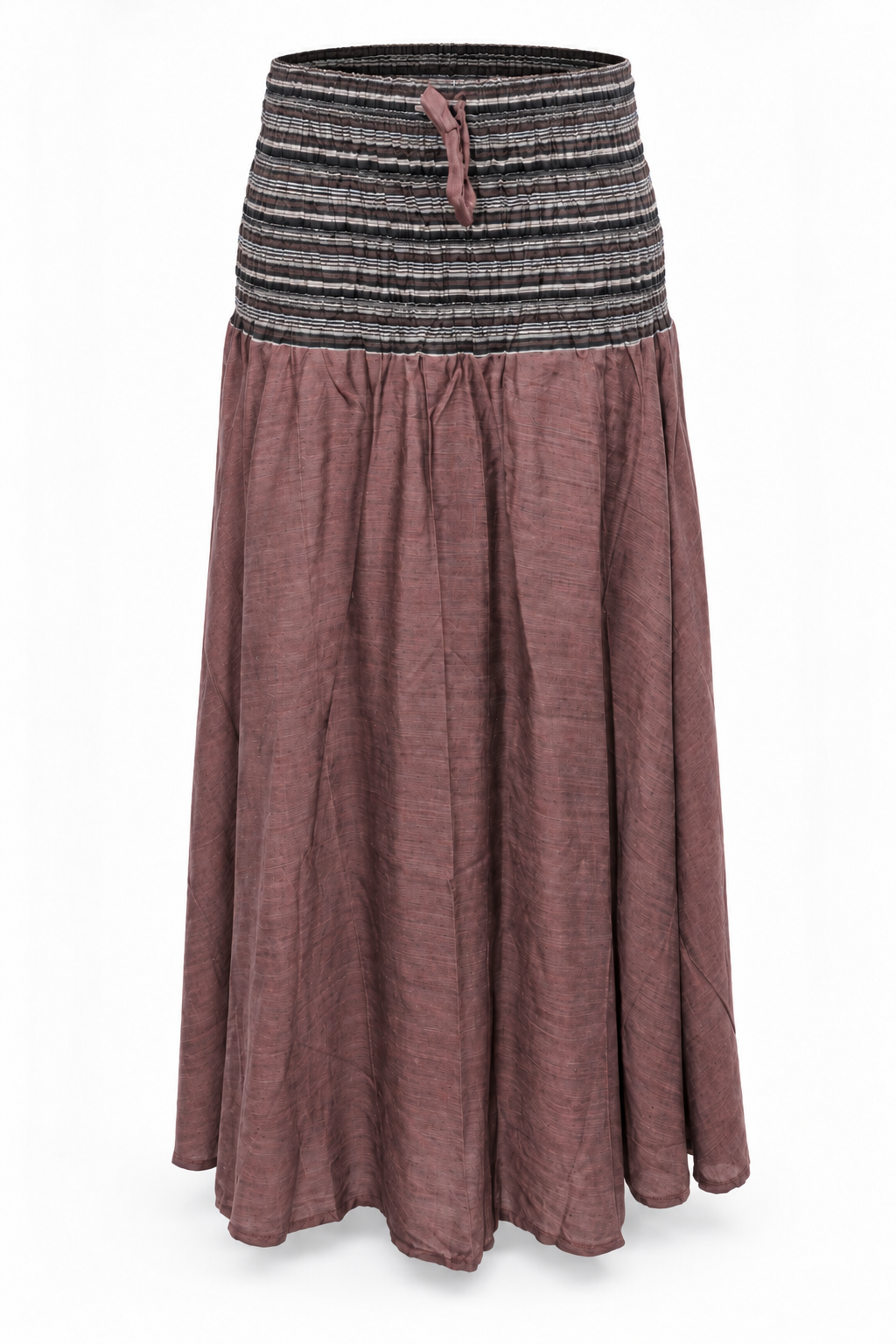 Brown Grey Smocked Waist Long Skirt — front garment view