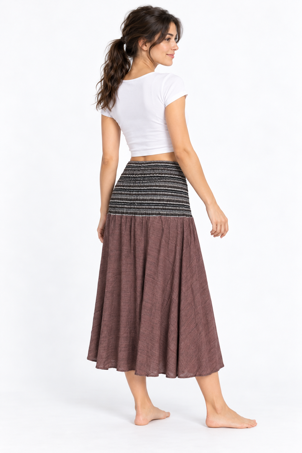Brown Grey Smocked Waist Long Skirt — three-quarter back model view