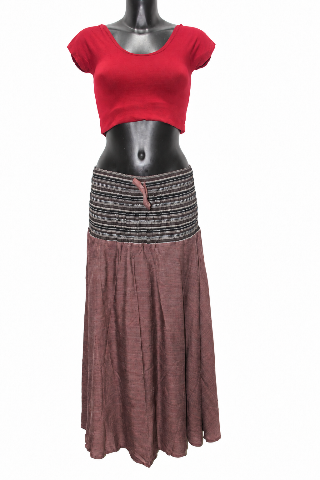 Brown Grey Smocked Waist Long Skirt — original mannequin view