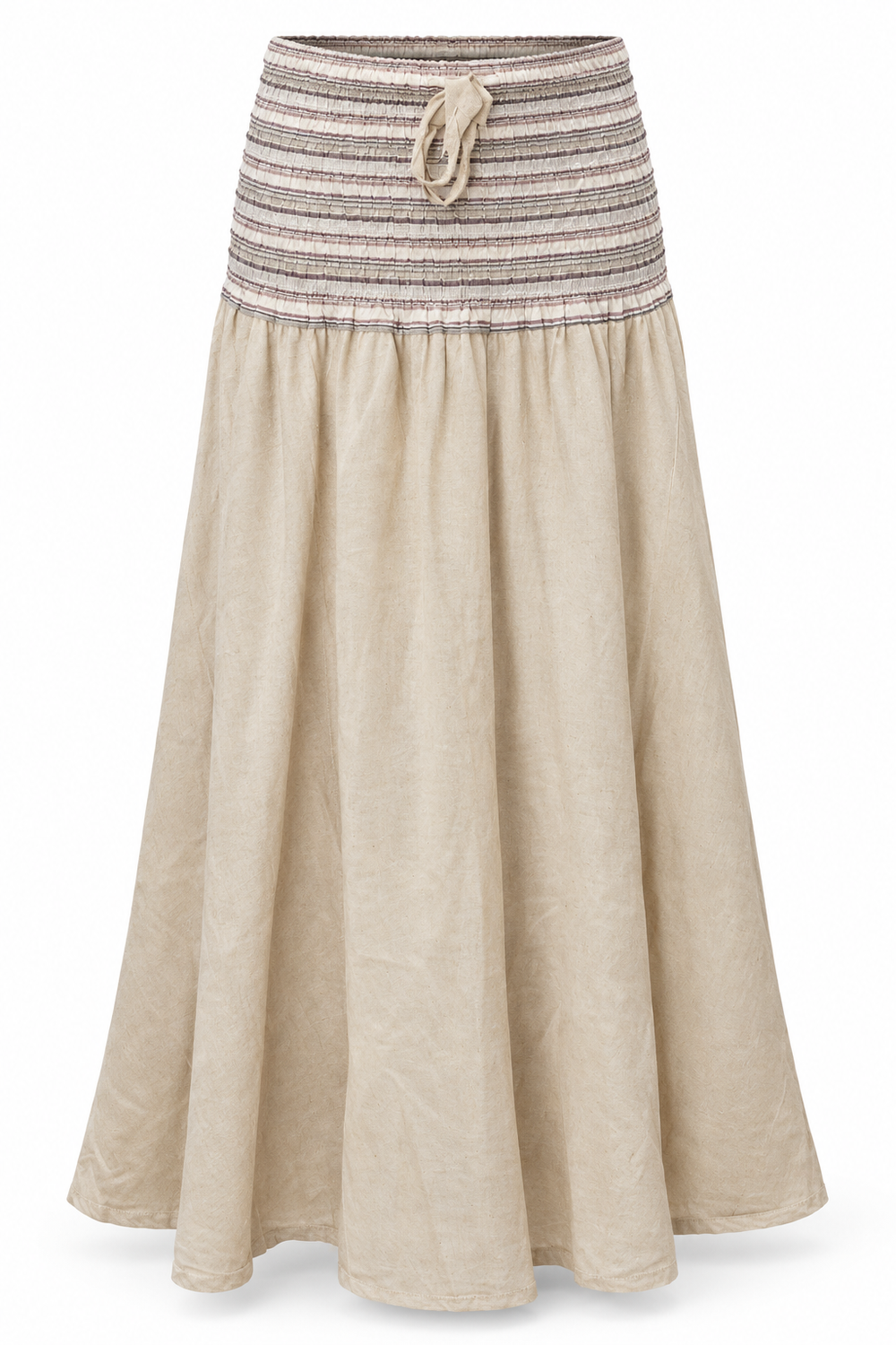 Beige Smocked Waist Long Skirt — front garment view