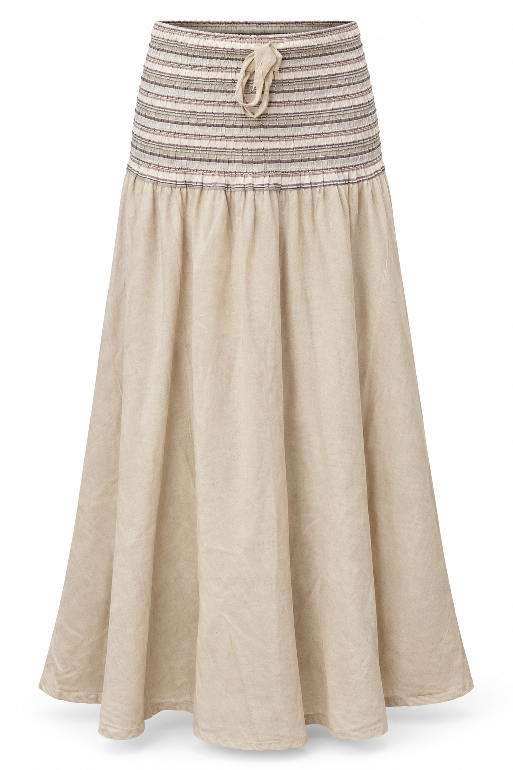Beige Smocked Waist Long Skirt — front garment view