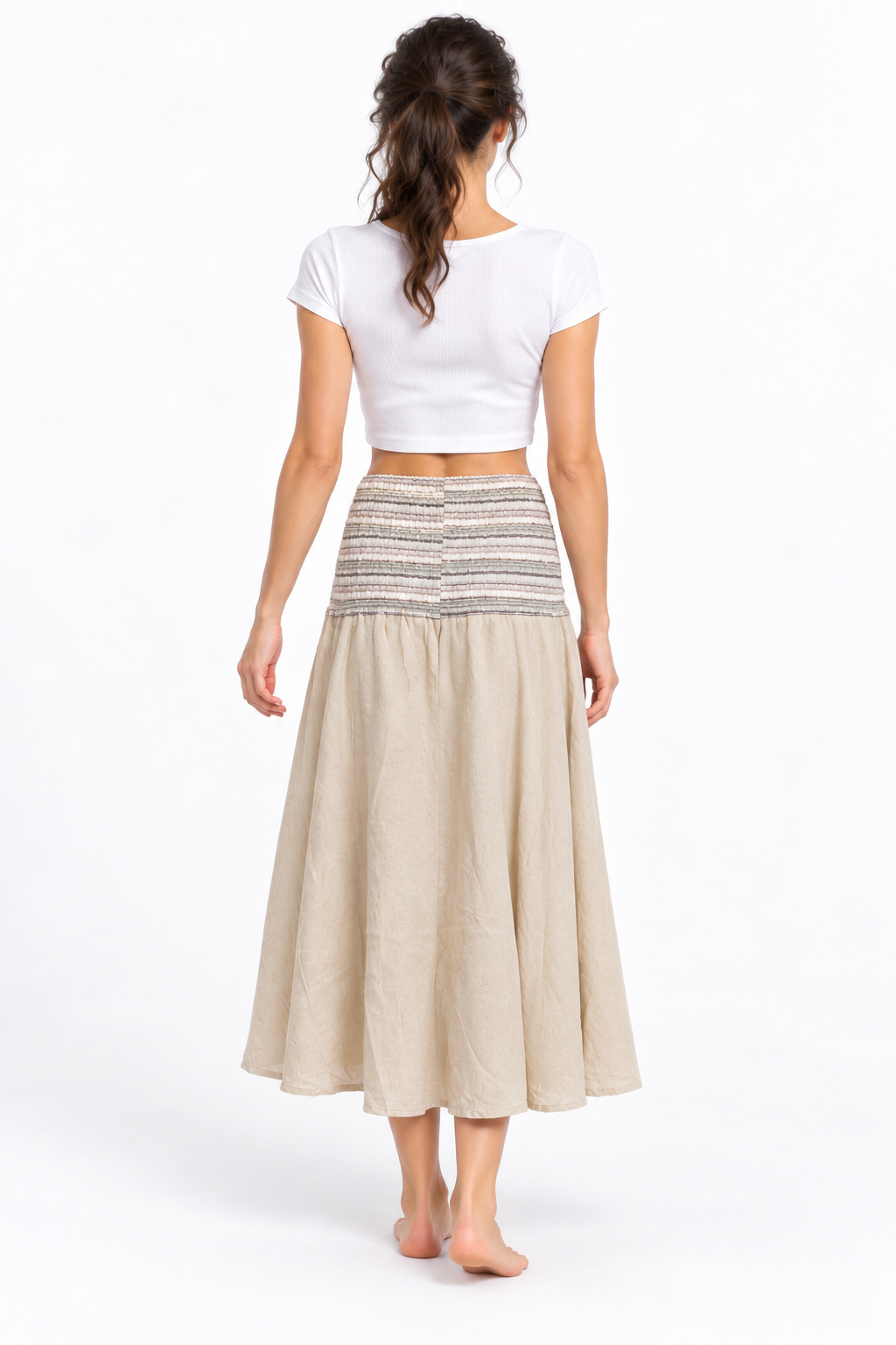 Beige Smocked Waist Long Skirt — back model view