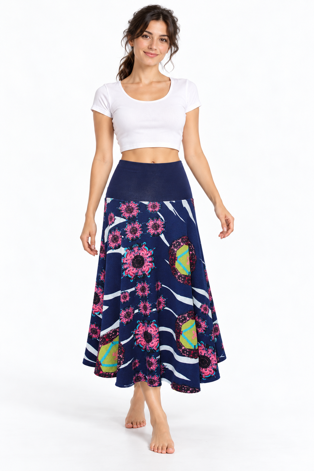 Navy Multicolour Floral Long Skirt — front model view