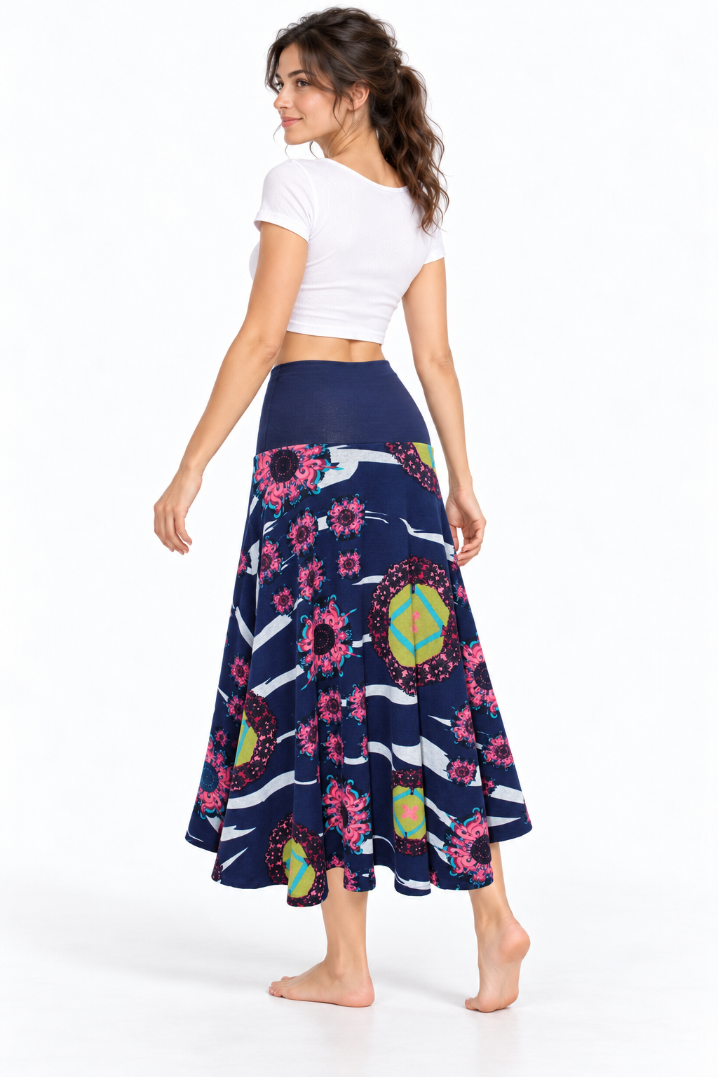 Navy Multicolour Floral Long Skirt — three-quarter back model view
