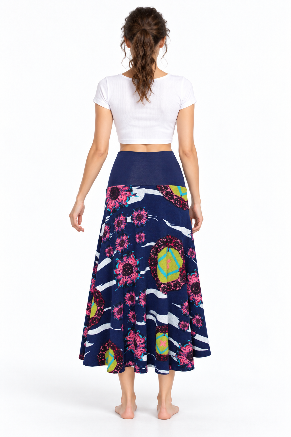 Navy Multicolour Floral Long Skirt — back model view