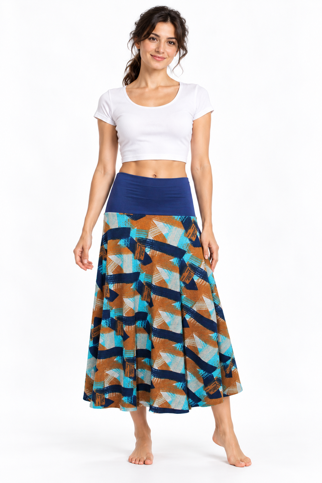Blue Ochre Geometric Long Skirt — front model view