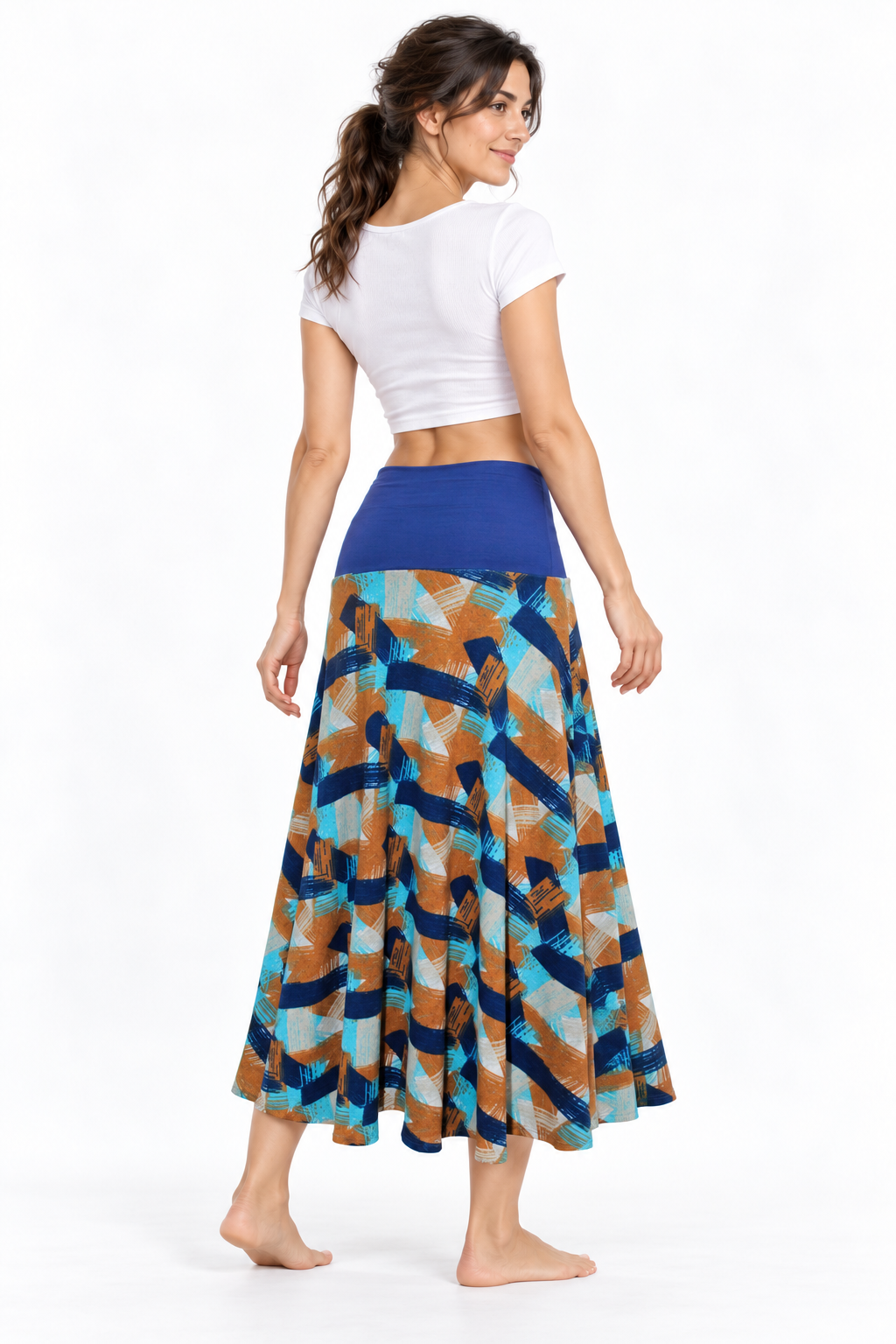 Blue Ochre Geometric Long Skirt — three-quarter back model view