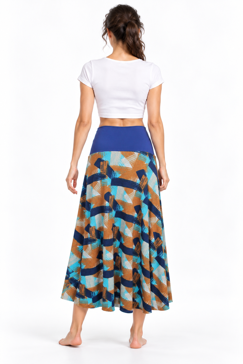 Blue Ochre Geometric Long Skirt — back model view
