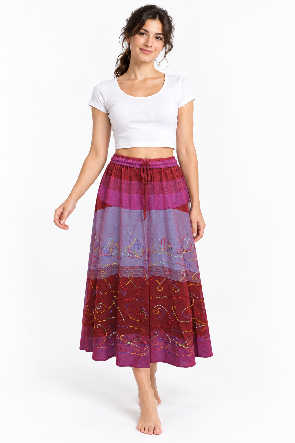 Pink Burgundy Pattern Long Skirt — front model view