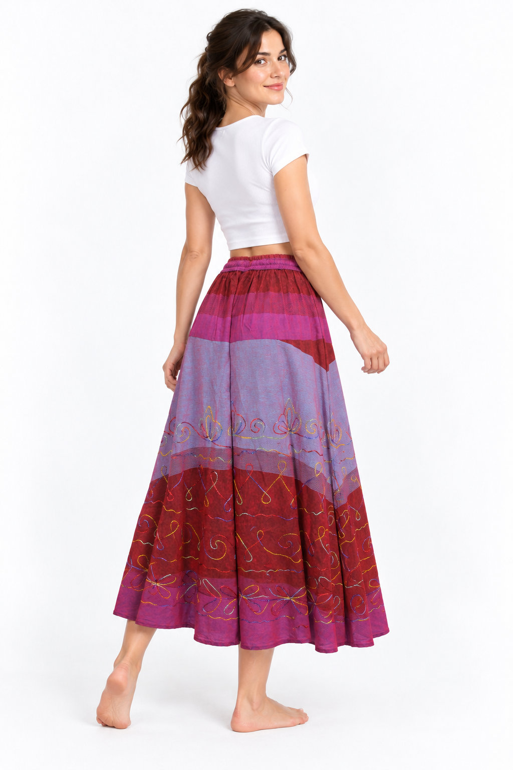 Pink Burgundy Pattern Long Skirt — three-quarter back model view