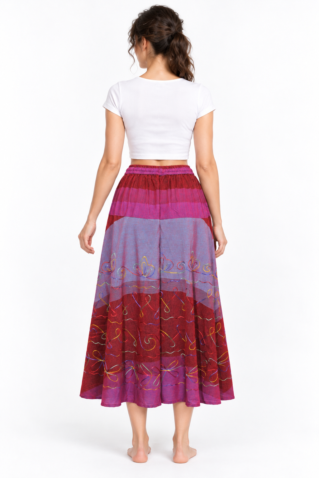 Pink Burgundy Pattern Long Skirt — back model view