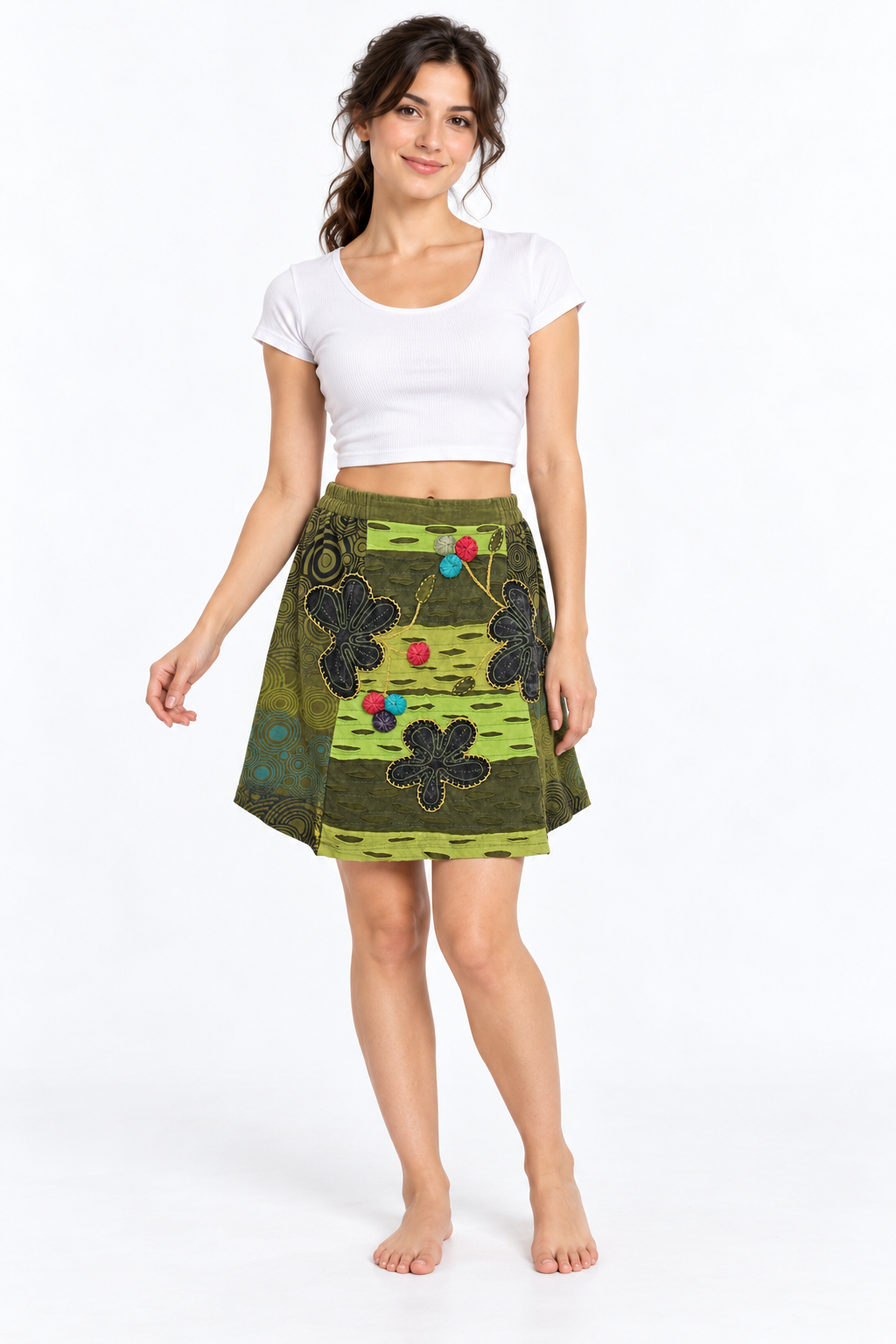 Olive Green Floral Short Skirt — front model view