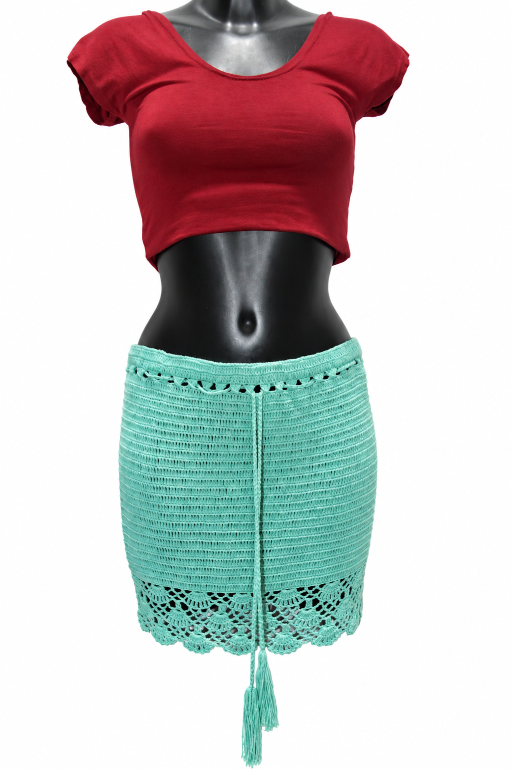 Mint Green Crochet Short Skirt — original mannequin view