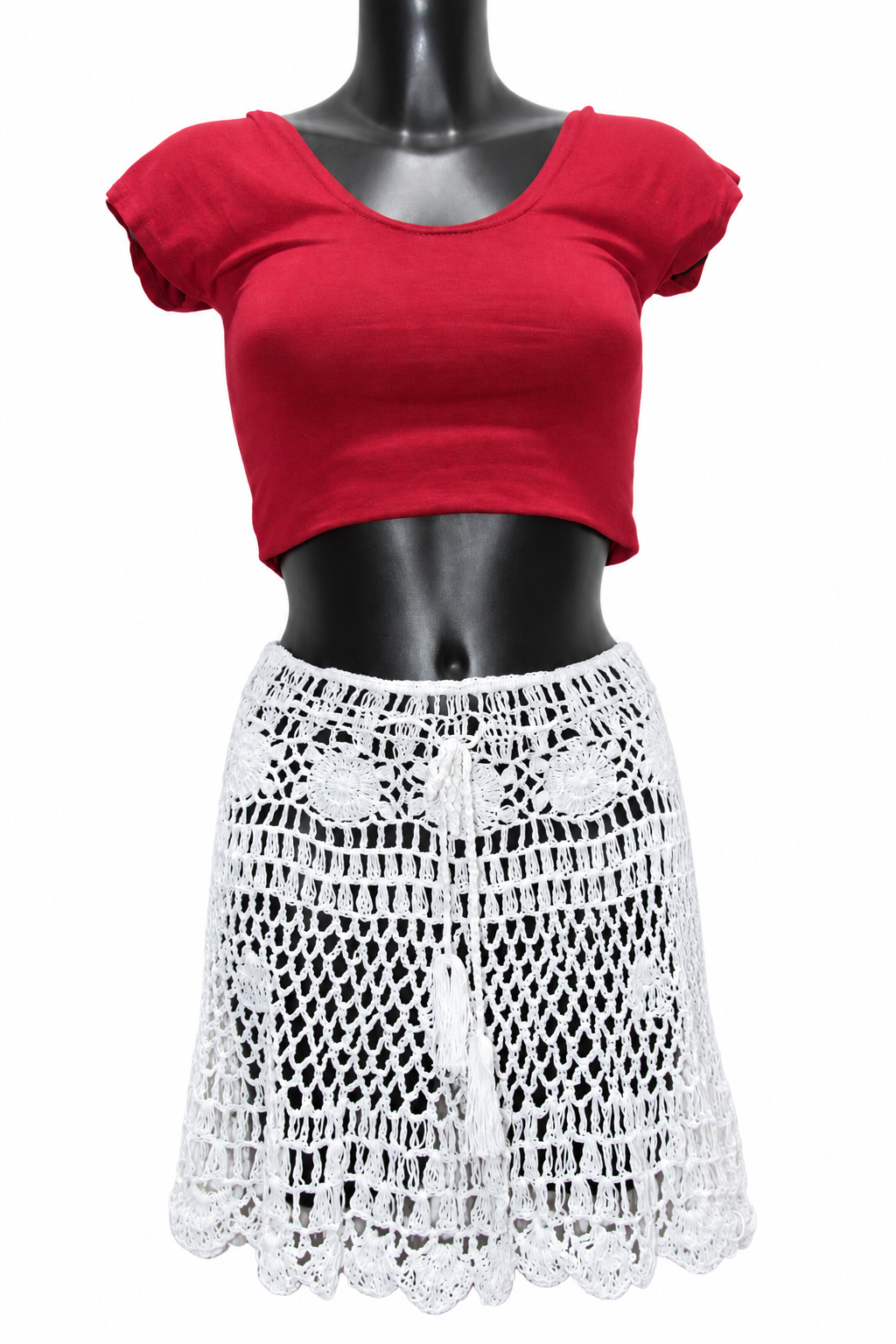 White Openwork Crochet Short Skirt — original mannequin view