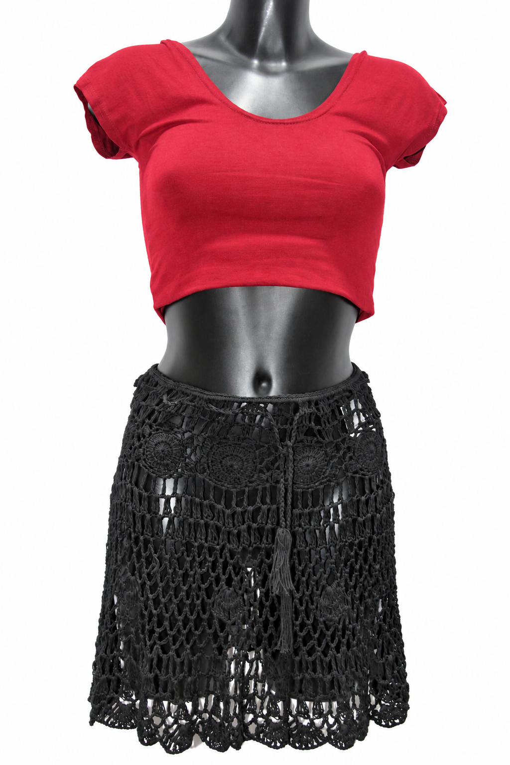 Black Openwork Crochet Short Skirt — original mannequin view