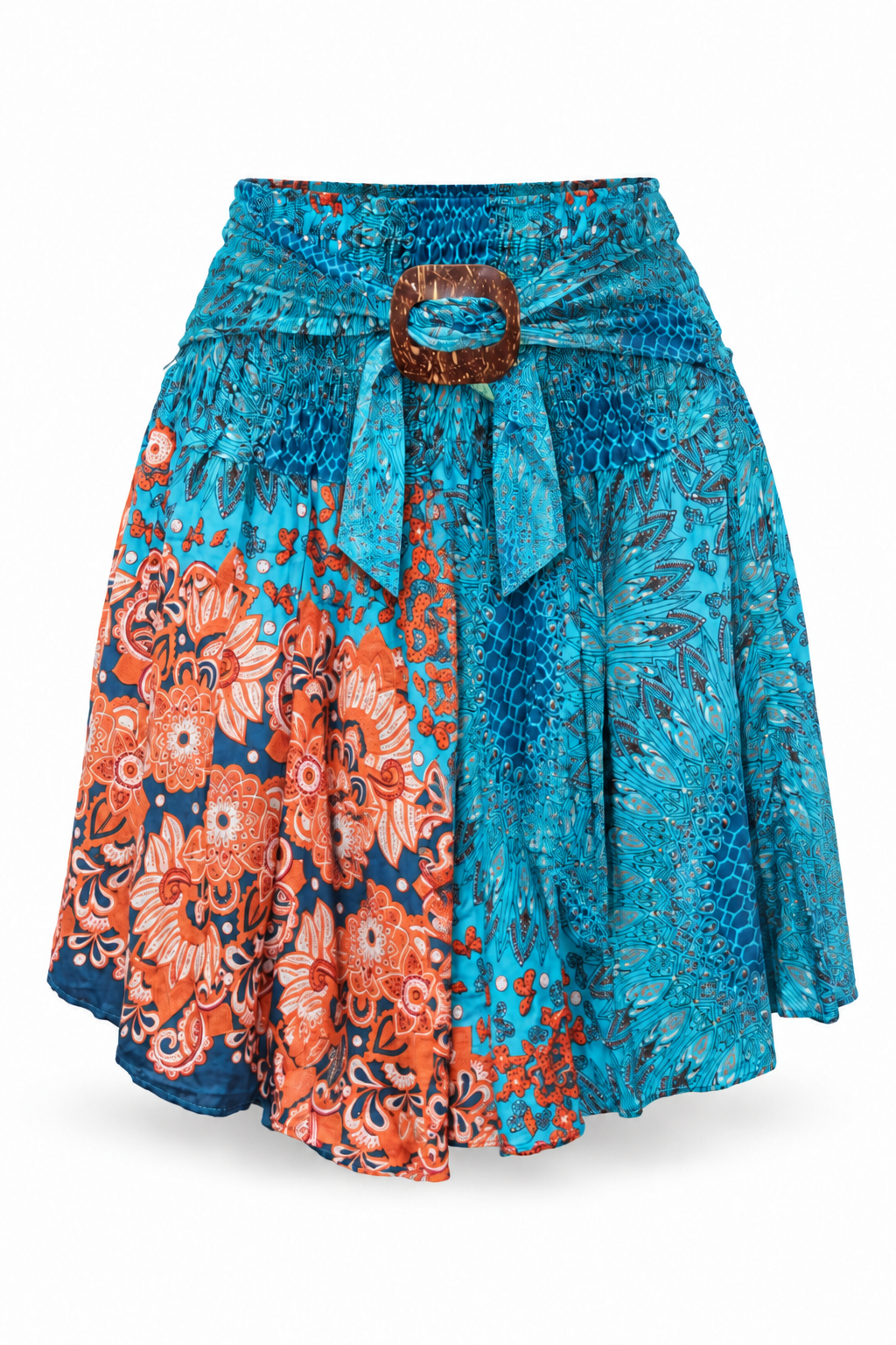 Turquoise Orange Floral Ring Detail Short Skirt — front garment view