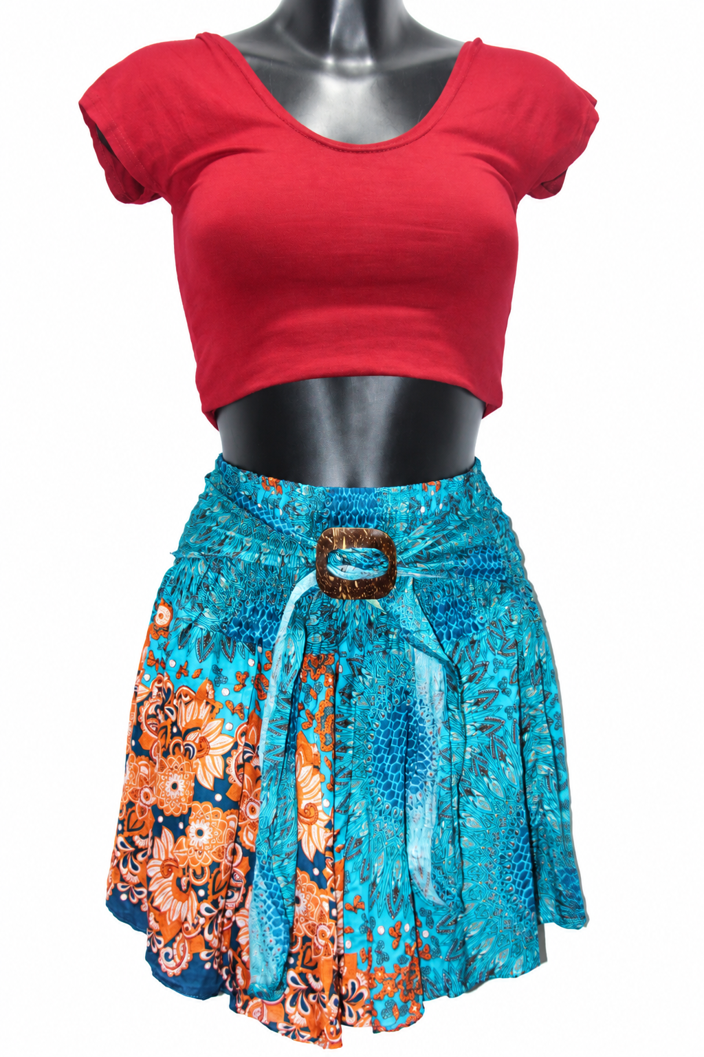 Turquoise Orange Floral Ring Detail Short Skirt — original mannequin view