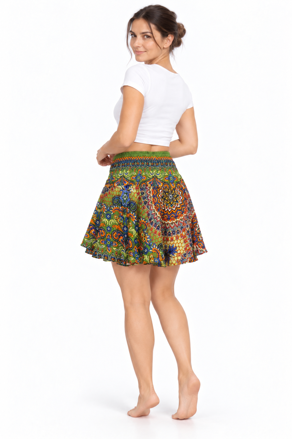 Multicolour Paisley Ring Detail Short Skirt — three-quarter back model view