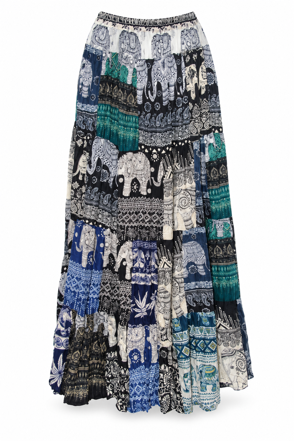 Navy Teal Elephant Patchwork Long Skirt — front garment view
