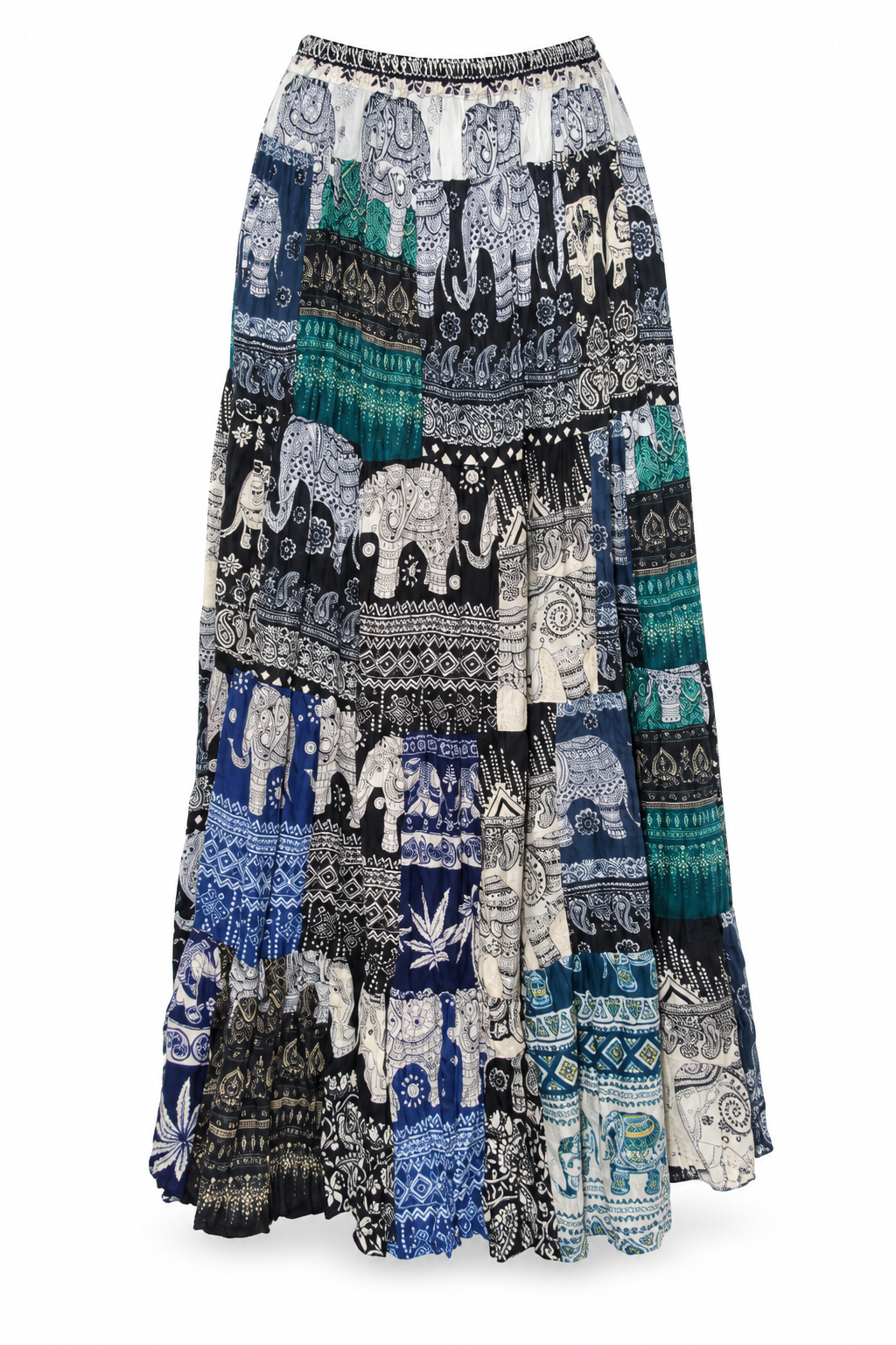 Navy Teal Elephant Patchwork Long Skirt — front garment view