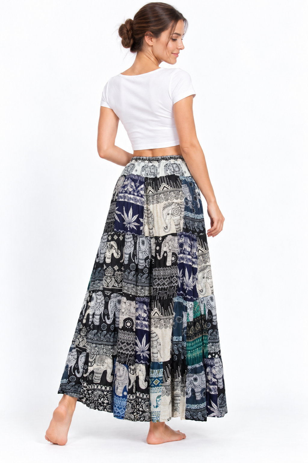 Navy Teal Elephant Patchwork Long Skirt — three-quarter back model view
