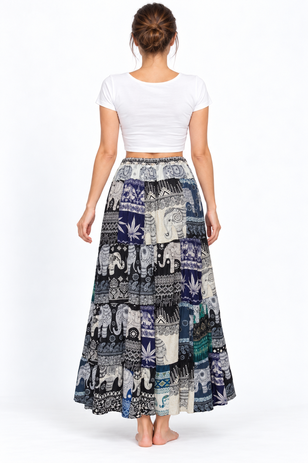 Navy Teal Elephant Patchwork Long Skirt — back model view