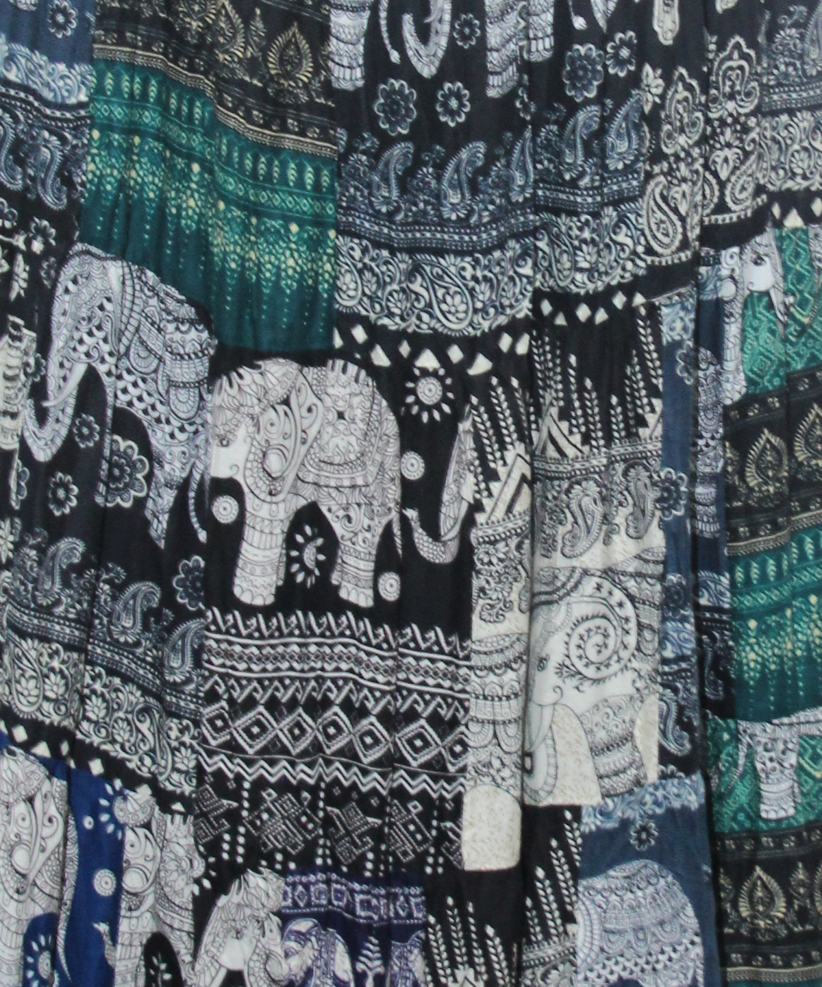 Navy Teal Elephant Patchwork Long Skirt — real fabric detail