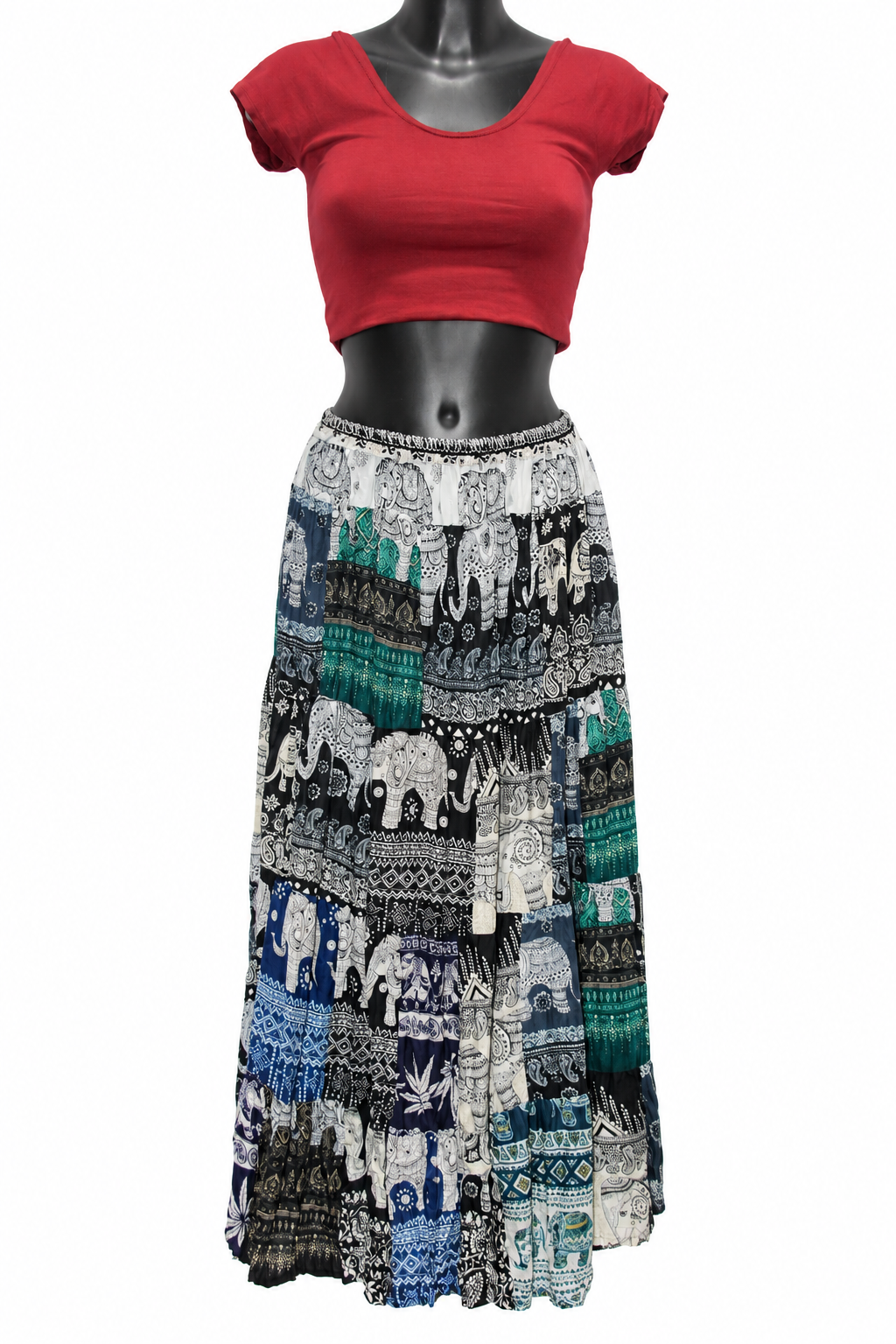Navy Teal Elephant Patchwork Long Skirt — original mannequin view